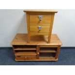 A pine two drawer bedside chest together with a pine entertainment stand