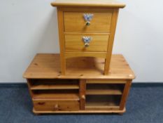 A pine two drawer bedside chest together with a pine entertainment stand