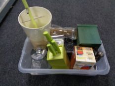 A crate of sundry items including miniature chest, coasters, miniature heater, knife block.