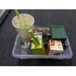 A crate of sundry items including miniature chest, coasters, miniature heater, knife block.