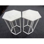 A pair of hexagonal marble topped plant stands on metal legs CONDITION REPORT: