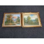 Two gilt framed oils on canvas depicting landscapes with mountains beyond