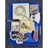 A tray of costume jewellery, watch,