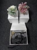 A box of silk scarves, Peony artificial flower scent sets.