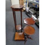 An Edwardian inlaid mahogany circular two tier plant stand together with an Edwardian footstool and