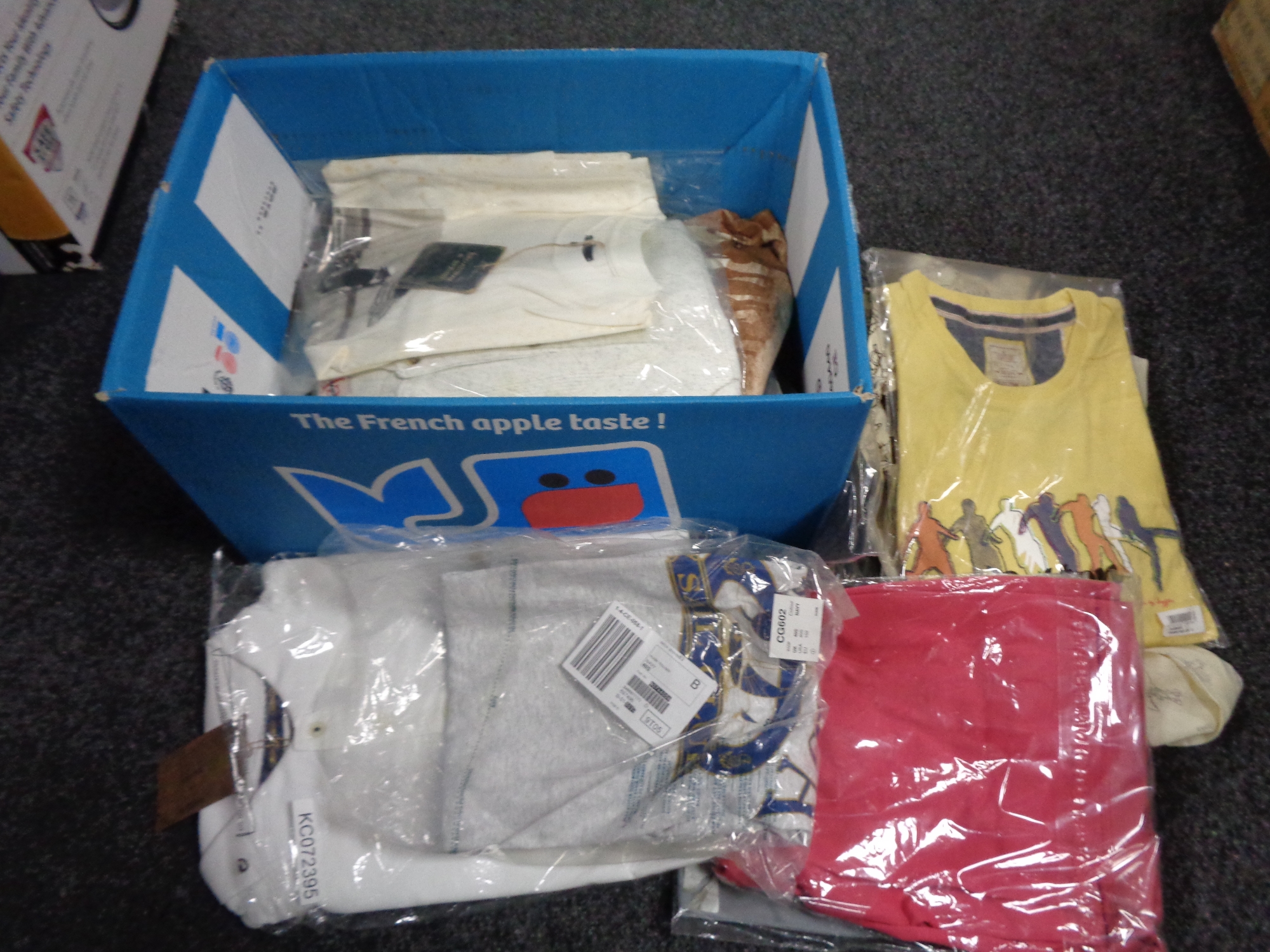 A box of new and un-used clothing including shirts,