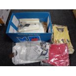 A box of new and un-used clothing including shirts,