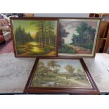 Three oil paintings depicting landscapes