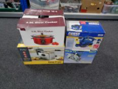 Four boxed electrical items - slow cooker, deep fryer,