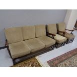 A wood framed three piece lounge suite