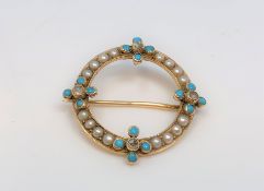 An antique yellow metal (tests 15ct gold) pearl turquoise and diamond brooch, 5.85g.