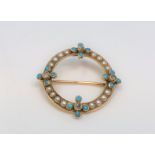 An antique yellow metal (tests 15ct gold) pearl turquoise and diamond brooch, 5.85g.