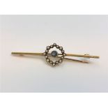 A 15ct gold antique pearl and sapphire brooch, width 57 mm.