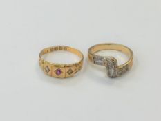 Two 18ct gold rings; one diamond, the other ruby and diamond.
