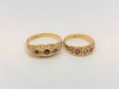 Two antique 18ct gold ruby and diamond rings, sizes P & J.