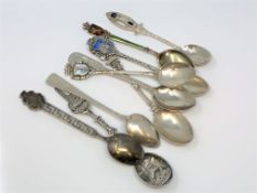 Nine assorted silver and enamel spoons.