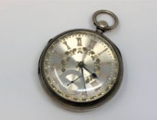 A large good Victorian silver pocket watch with silver dial and gold numerals, no.