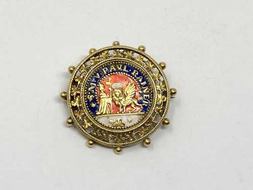 An antique 18ct gold and enamel brooch 'S M V PAUL RAINER', 7.4g, diameter 32 mm.