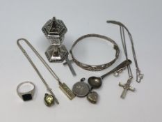 A group of antique and later silver/white metal jewellery to include silver pepper pot Birmingham