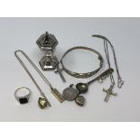 A group of antique and later silver/white metal jewellery to include silver pepper pot Birmingham