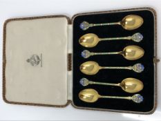 A good set of six silver gilt and enamel Art Nouveau style teaspoons by Walker & Hall