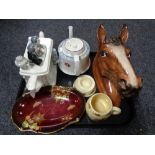 A tray of Carlton ware Rouge Royale dish, large ceramic horse head ornament,