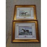 A pair of gilt framed pictures depicting horses with riders