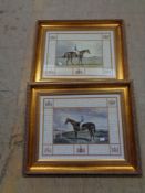 A pair of gilt framed pictures depicting horses with riders