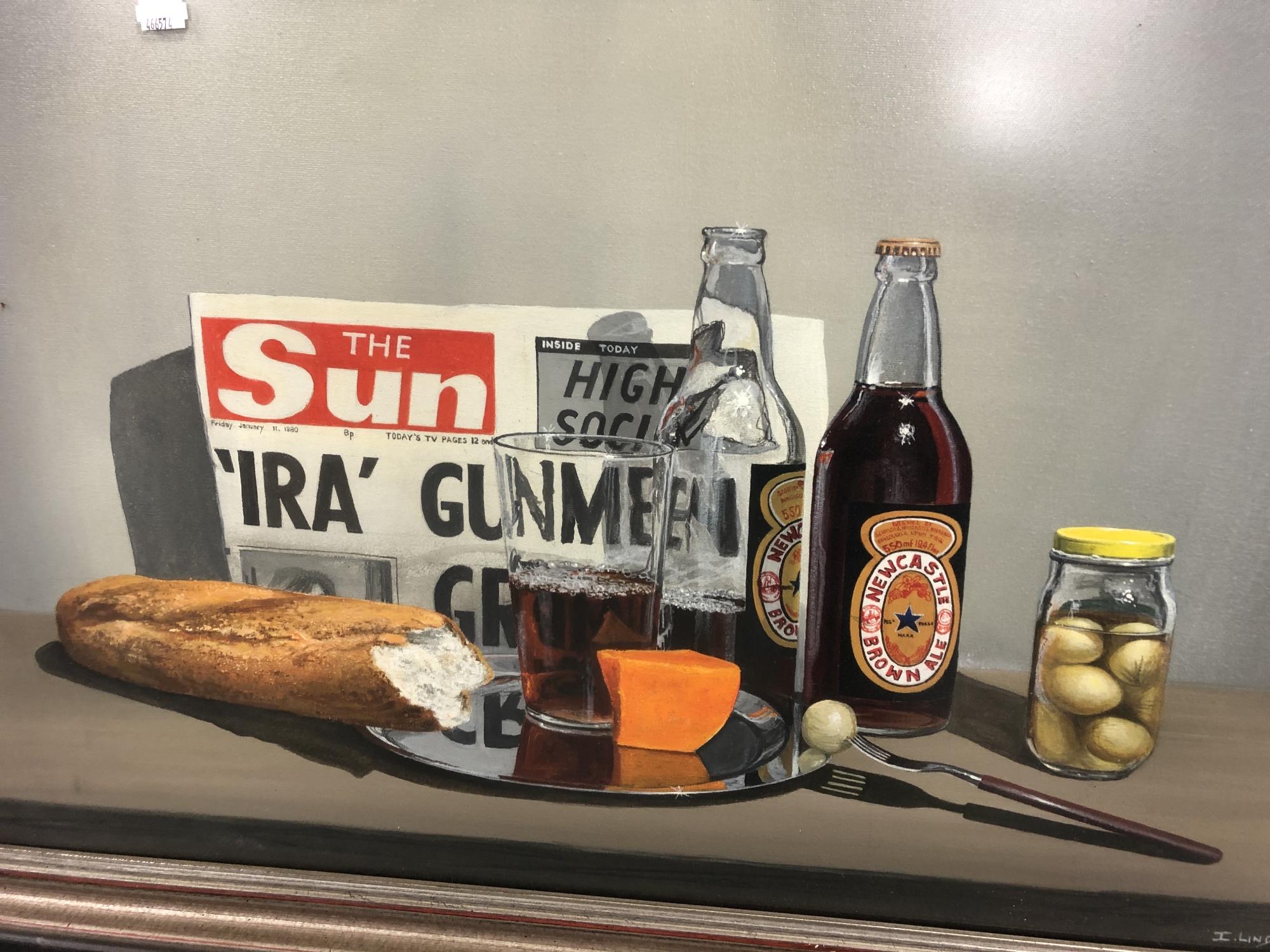 Ivan Lindsay (20'th Century) : Still Life with The Sun Newspaper, Newcastle Brown Ale, Bread, - Image 3 of 6