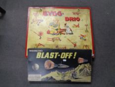 A Waddingtons Blast-off game together with a Bygg Brio set no.