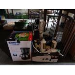 A Delonghi coffee maker together with a box of kitchen items, food mixer, steam iron,