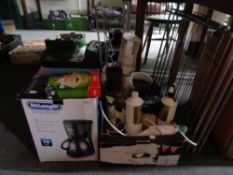 A Delonghi coffee maker together with a box of kitchen items, food mixer, steam iron,