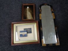 An early twentieth century bevelled lacquered mirror together with Player's advertising montage and