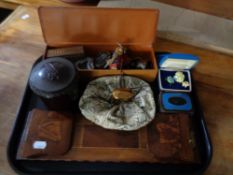 A tray of inlaid wooden bookslide, miniature box,