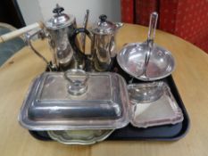 A tray of silver plated breakfast dish,