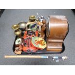 A tray of mantle clock, stein,