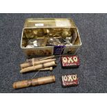 A quantity of vintage wooden pegs, oxo tins,