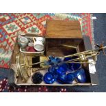 A box of brass fire companion set, Victorian jewellery box,