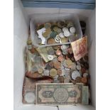 A box of world coins and bank notes