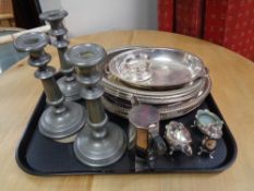 A tray of silver plated breakfast dishes,