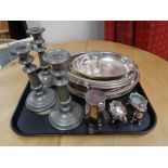 A tray of silver plated breakfast dishes,