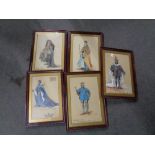 Five watercolour drawings depicting noblemen and Kings, initialled T.H., all parts framed.