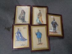 Five watercolour drawings depicting noblemen and Kings, initialled T.H., all parts framed.