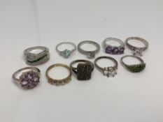 Ten silver gem set dress rings (10)