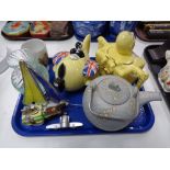 A tray of Sadler ware teapot, aeroplane teapot, commemorative cup,