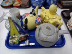 A tray of Sadler ware teapot, aeroplane teapot, commemorative cup,