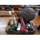 A crate of large copper pot, ornamental figure,