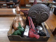 A crate of large copper pot, ornamental figure,