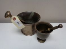 Two vintage brass pestle and mortars