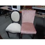 An antique style side chair together with one further upholstered chair in peach fabric